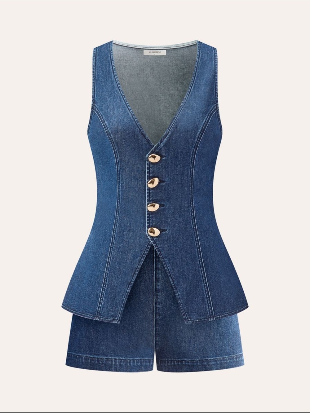 Commense Blue Denim Button-Front Vest Romper